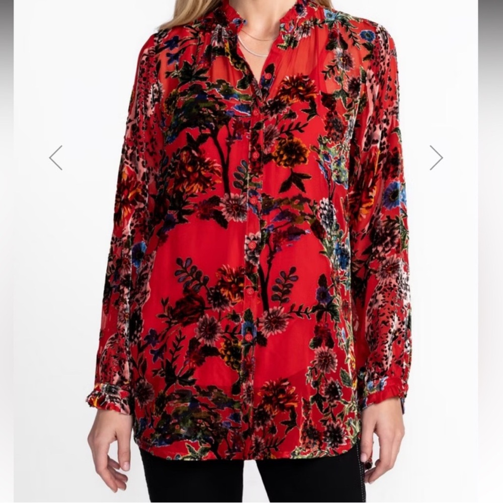 Johnny Was Yoella Burnout Tunic Bobcat Forest Size Medium, NWT